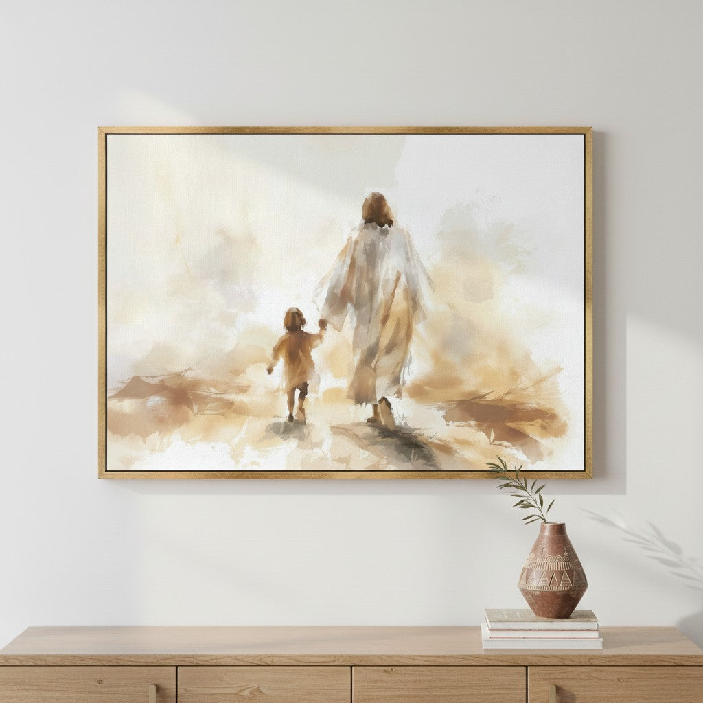 Watercolor Christian wall art depicting Jesus walking hand in hand with a child in warm golden tones, symbolizing trust and childlike faith in His guidance.