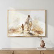 Watercolor Christian wall art depicting Jesus walking hand in hand with a child in warm golden tones, symbolizing trust and childlike faith in His guidance.