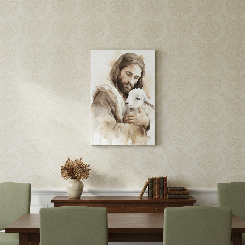 Religious canvas wall art of Jesus and lamb, styled in a dining room with soft wallpaper and wooden furniture.