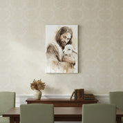 Religious canvas wall art of Jesus and lamb, styled in a dining room with soft wallpaper and wooden furniture.