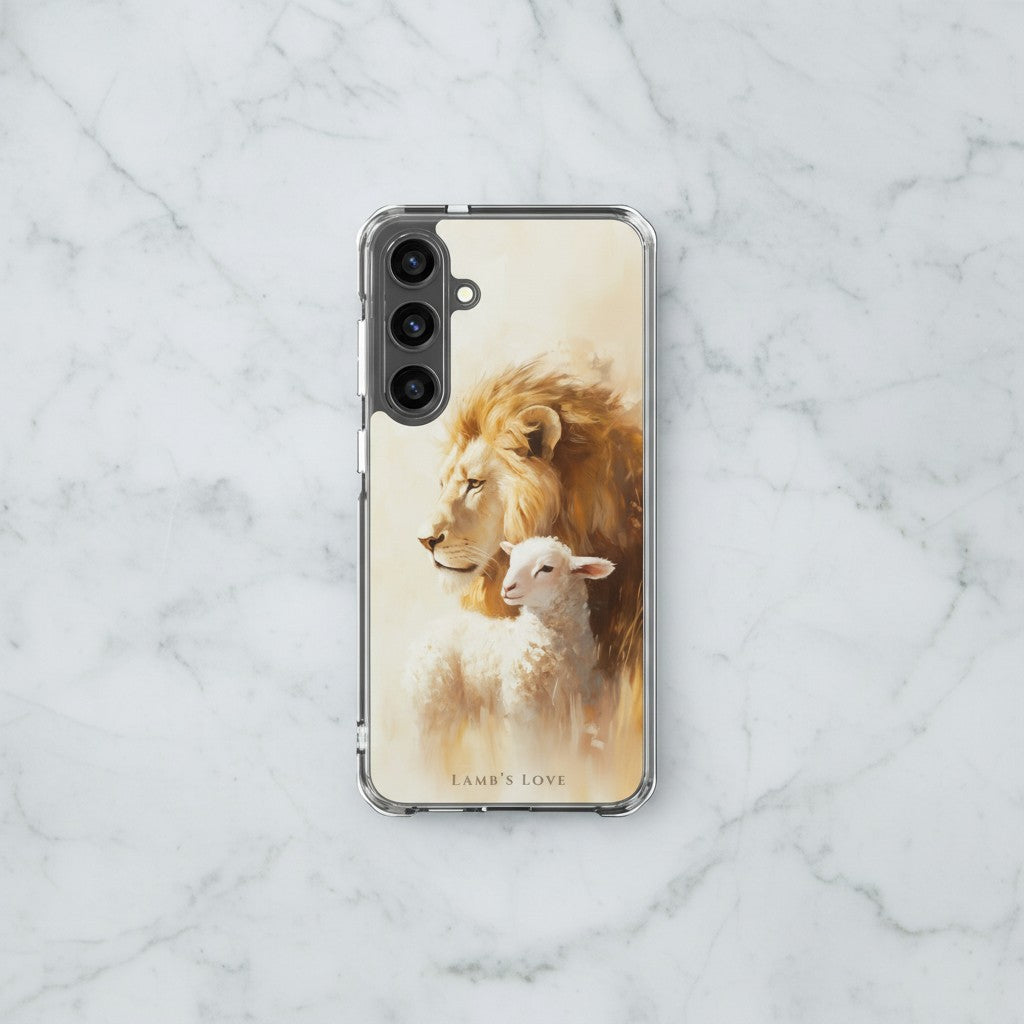 Christian Samsung Galaxy phone case featuring Jesus as the Lion of Judah and the Lamb of God on marble background