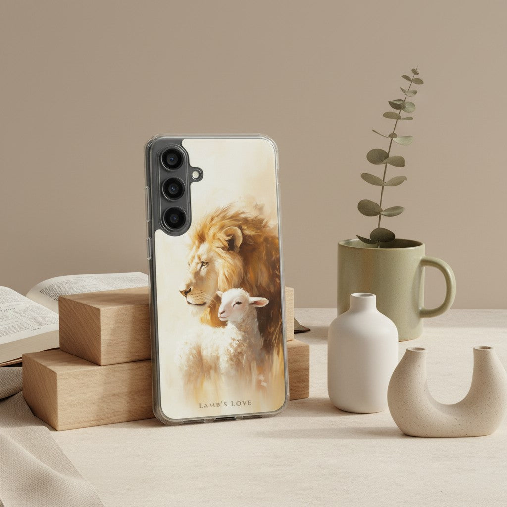 Christian Samsung Galaxy phone case featuring Jesus as the Lion of Judah and the Lamb of God in a minimalist studio scene