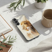 Christian Samsung Galaxy phone case featuring Jesus as the Lion of Judah and the Lamb of God on sunlit desk with Bible and coffee