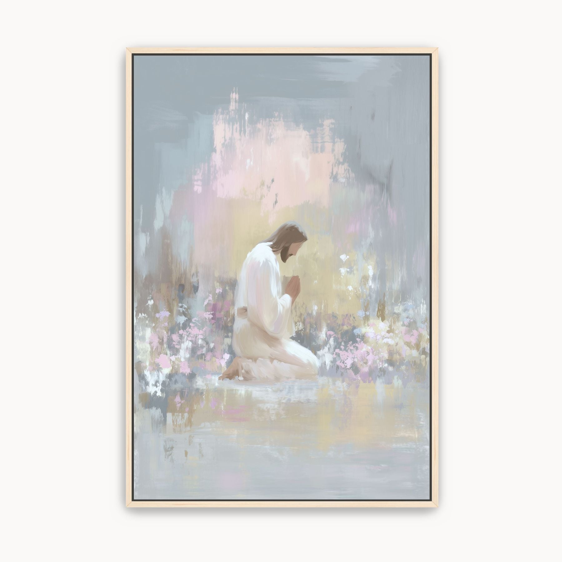 Watercolor Christian wall art of Jesus praying in a quiet garden scene