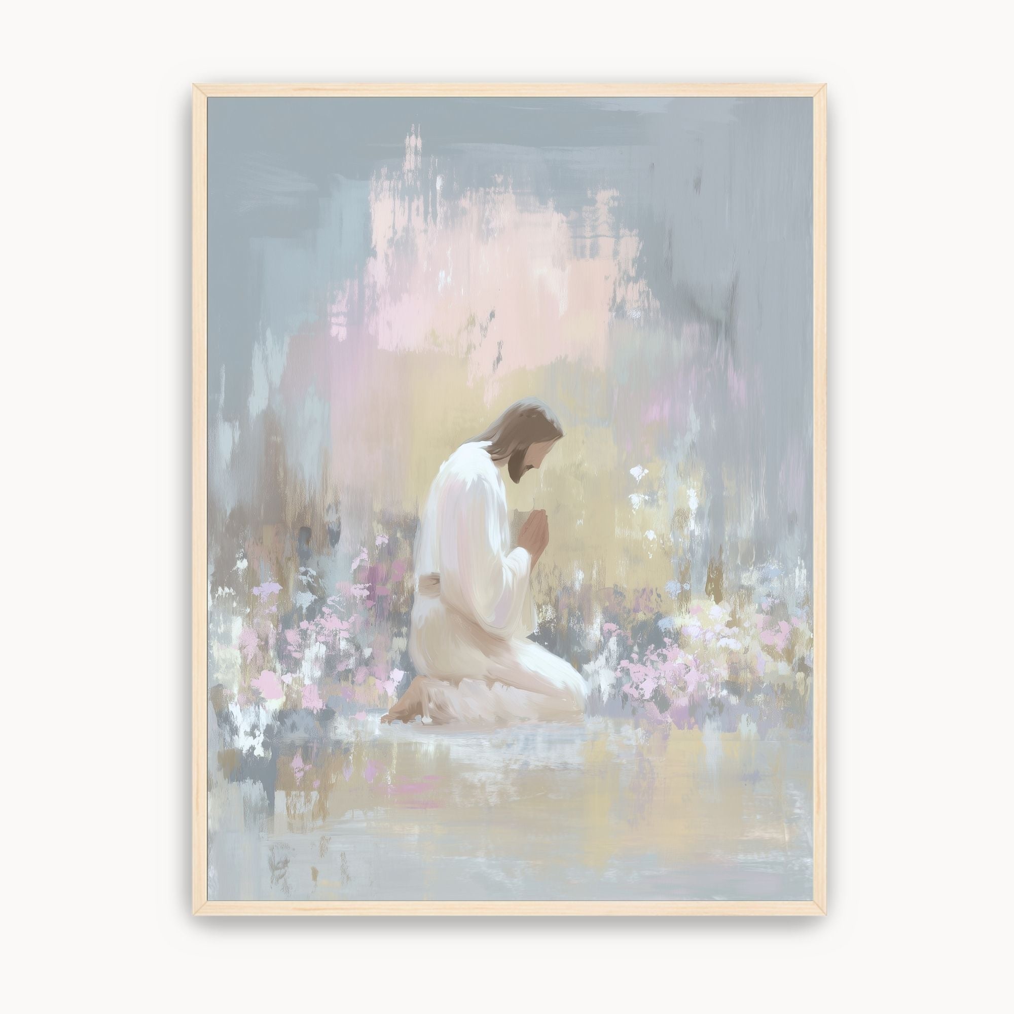 Jesus praying in the Garden of Gethsemane, shown kneeling among soft pastel flowers in a framed watercolor Christian wall art print.