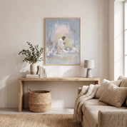 Jesus praying in Gethsemane framed Christian wall art displayed above a wooden console table in a bright living room.