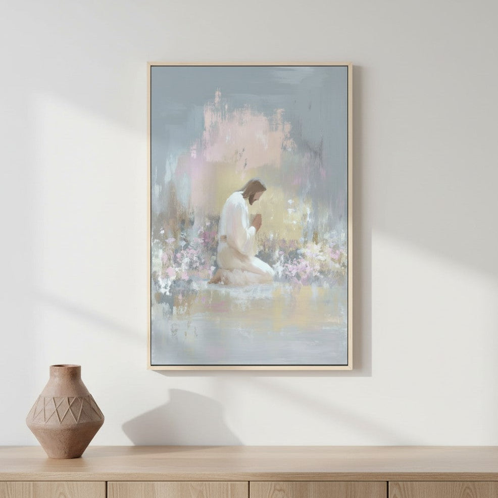 Watercolor painting of Jesus praying in the garden displayed in a light, minimal home setting.