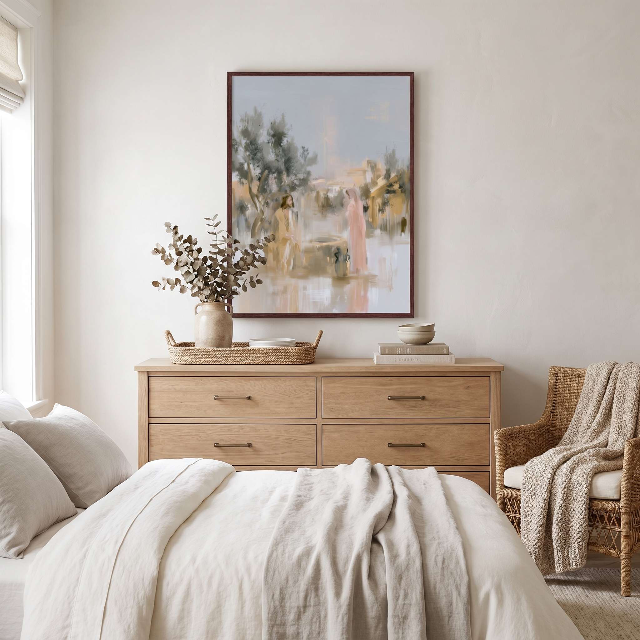 Framed watercolor Christian wall art of Jesus and the Samaritan woman above a light wood bedroom dresser, a peaceful reminder of John 4 and eternal life in Christ.