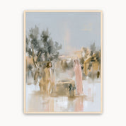 Watercolor Christian wall art depicting Jesus and the Samaritan woman meeting at a well, inspired by John 4 and Christ’s promise of living water and eternal life.