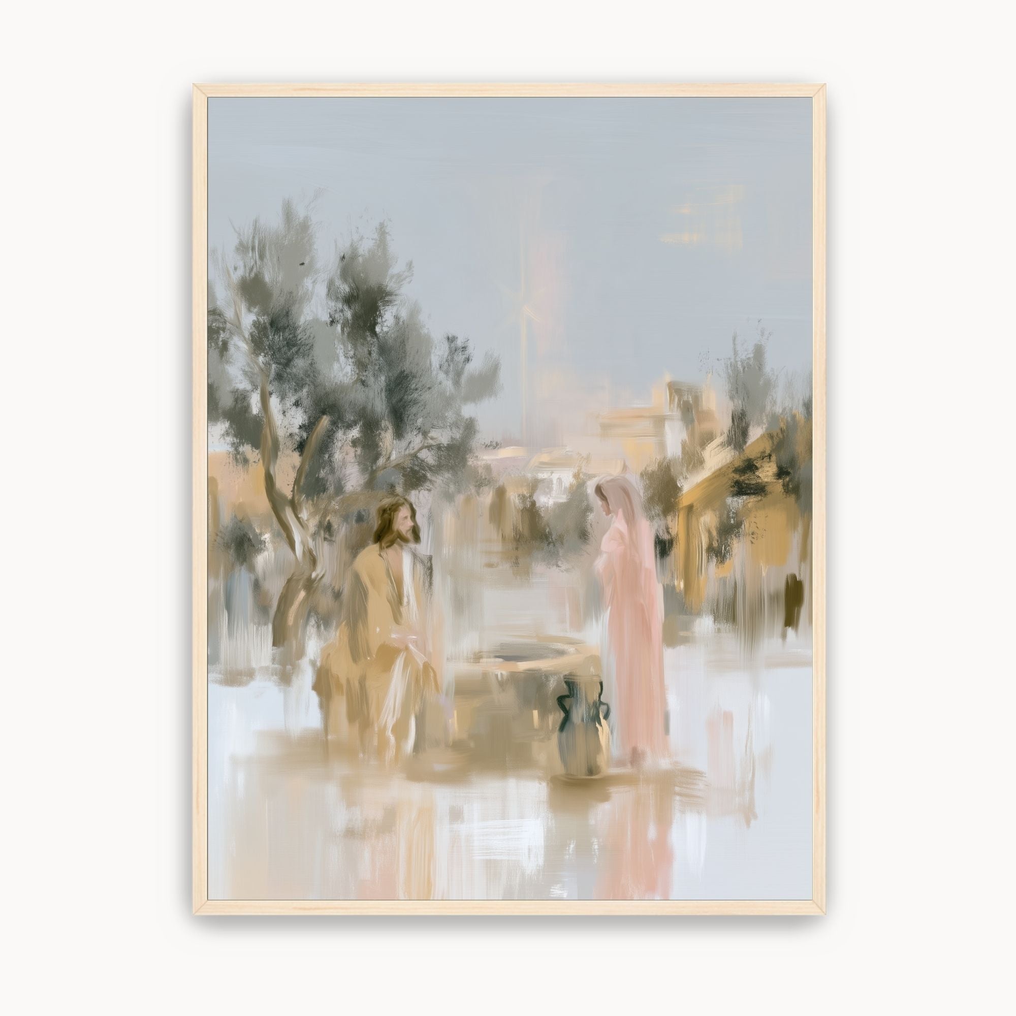 Watercolor Christian wall art depicting Jesus and the Samaritan woman meeting at a well, inspired by John 4 and Christ’s promise of living water and eternal life.
