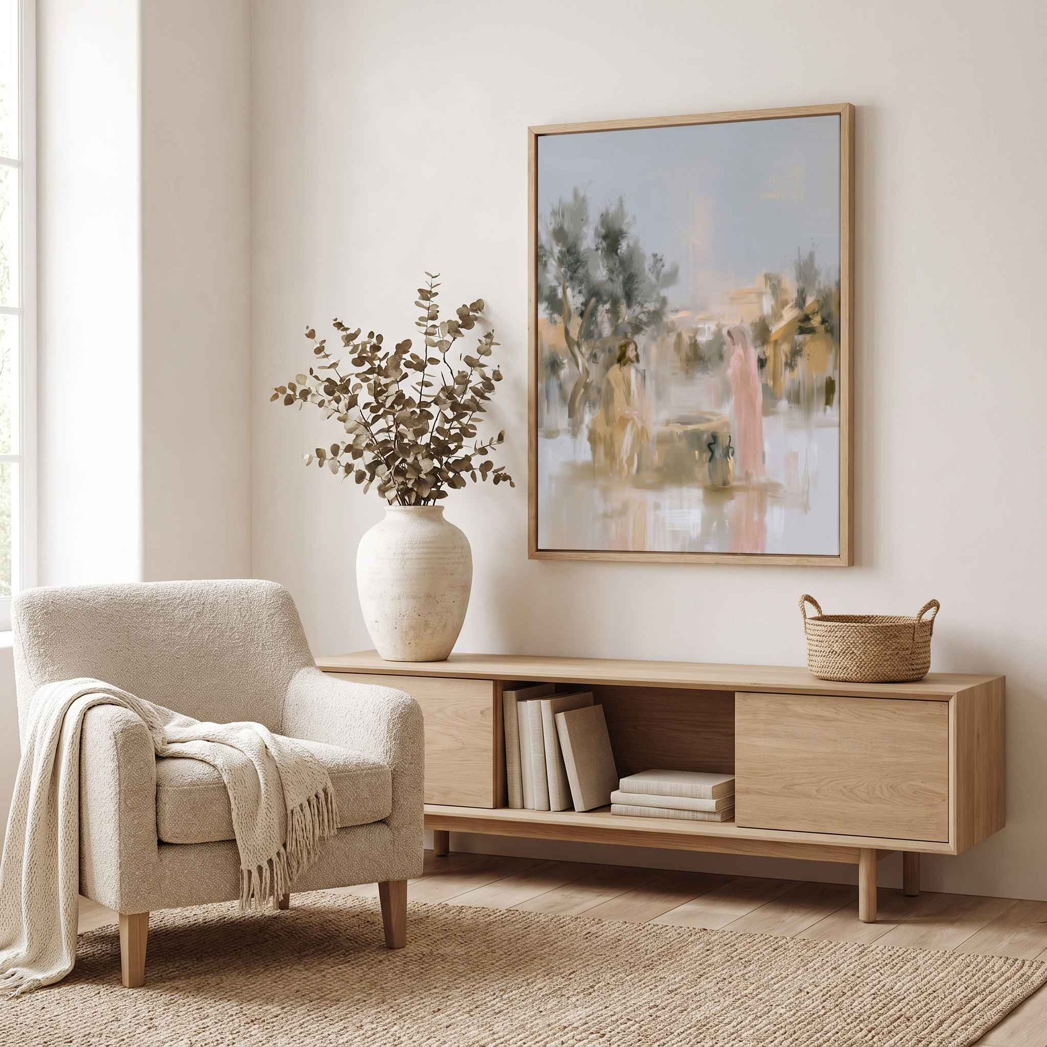Framed Jesus and the Samaritan woman watercolor art above a light oak TV stand in a calm neutral living room, inspired by John 4 and the gift of living water.