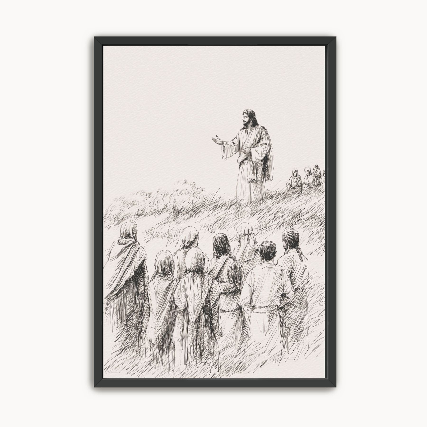 Jesus teaching the crowd Christian wall art in minimalist line art sketch style