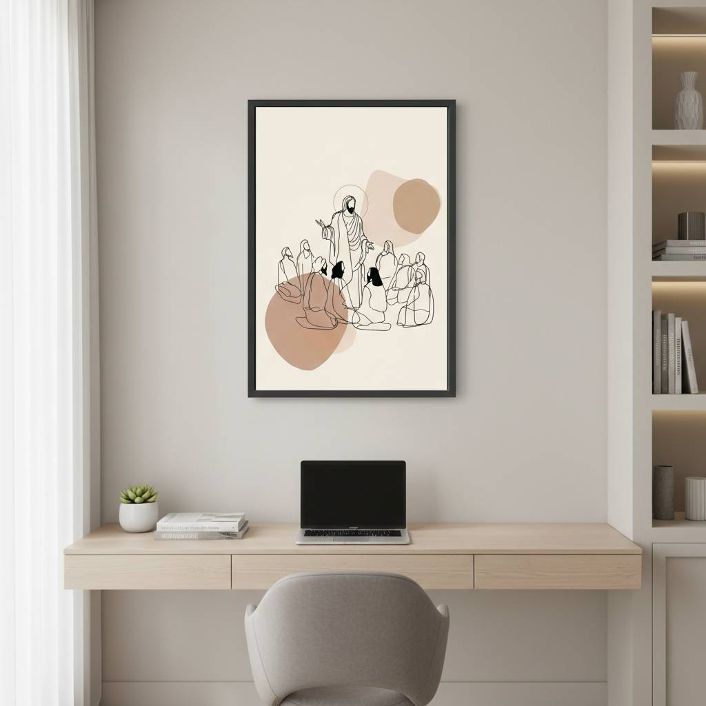Modern minimalist Christian wall art of Jesus teaching disciples displayed above a clean neutral home office desk.