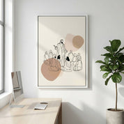 Minimalist beige Christian wall art featuring Jesus teaching disciples styled in a bright modern office with indoor plant.