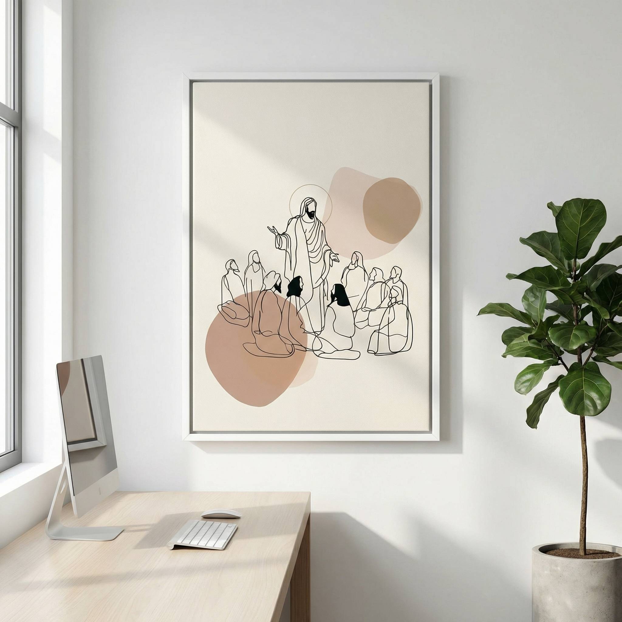 Minimalist beige Christian wall art featuring Jesus teaching disciples styled in a bright modern office with indoor plant.