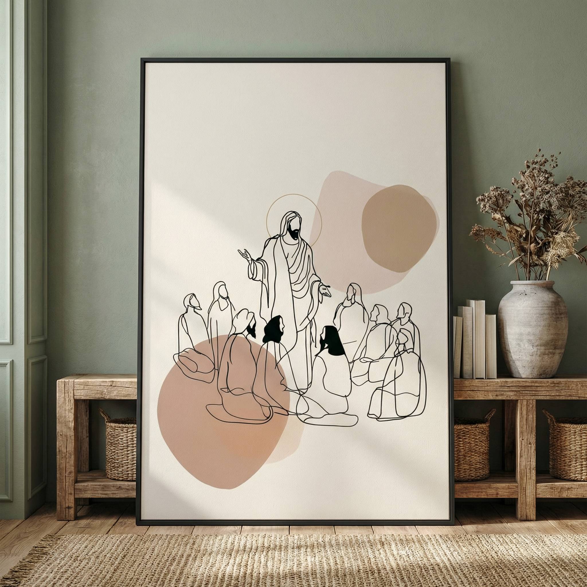 Minimalist line art Jesus teaching disciples wall art styled in a neutral rustic interior with wooden console and decor.