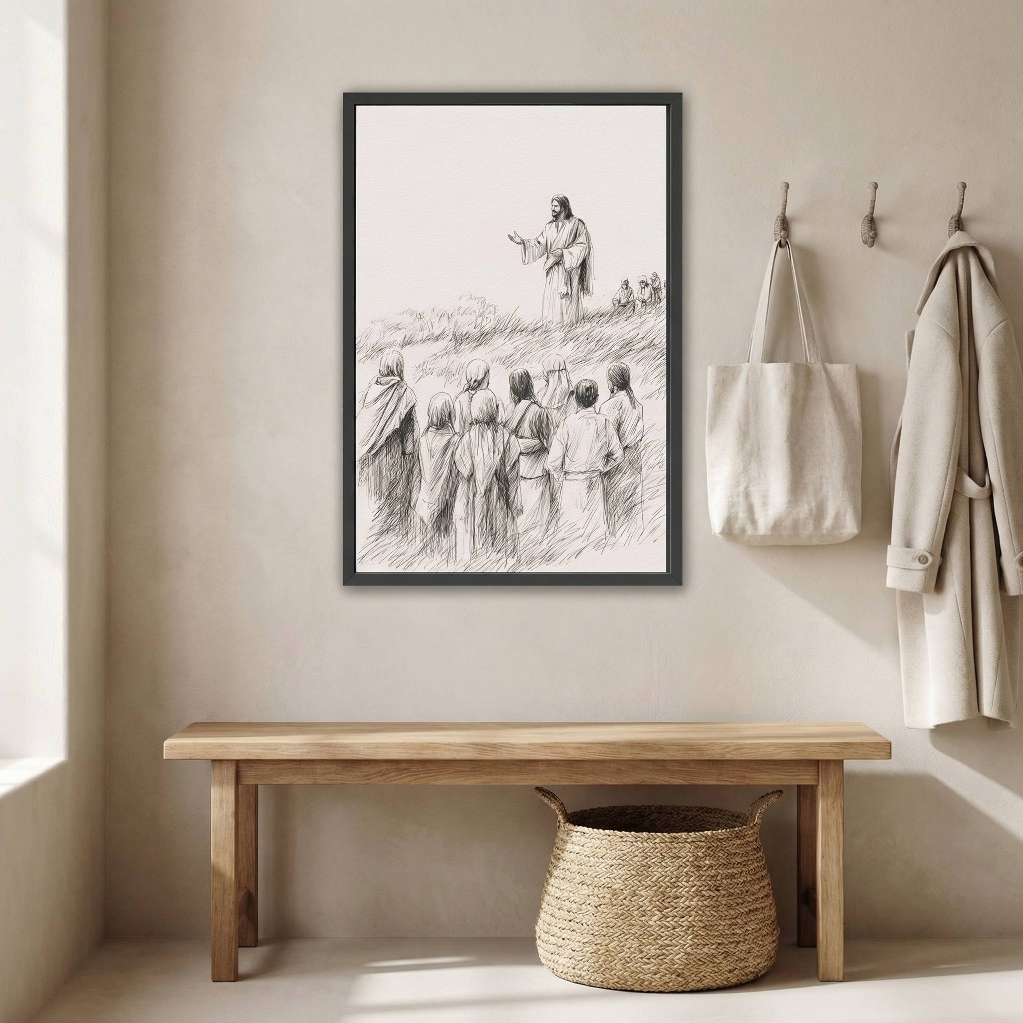 Minimalist Jesus teaching Christian wall art line art sketch displayed above entryway bench