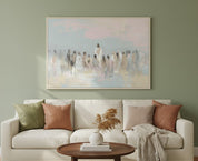 Painting print of Jesus teaching the people displayed above a bed, adding serene and spiritual ambiance to the bedroom.
