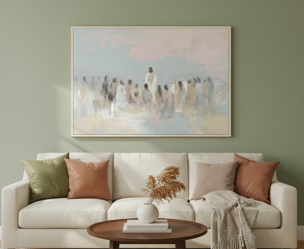 Painting print of Jesus teaching the people displayed above a bed, adding serene and spiritual ambiance to the bedroom.