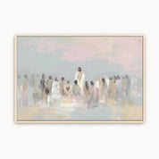 Jesus teaching a gathered group of people in a soft pastel watercolor scene, minimalist Christian wall art inspired by the Gospels.