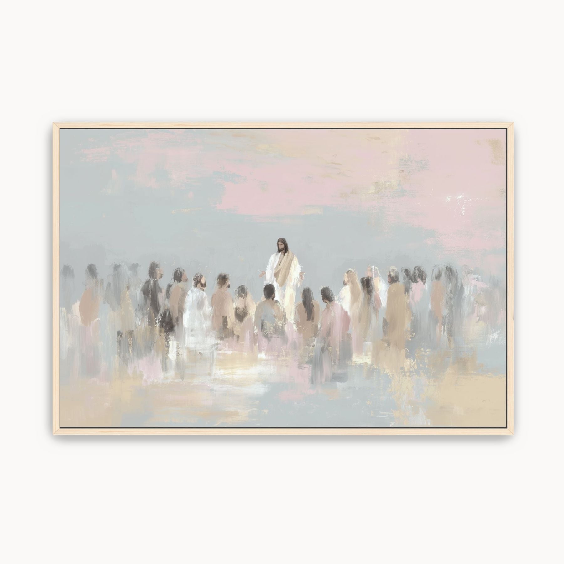Jesus teaching a gathered group of people in a soft pastel watercolor scene, minimalist Christian wall art inspired by the Gospels.