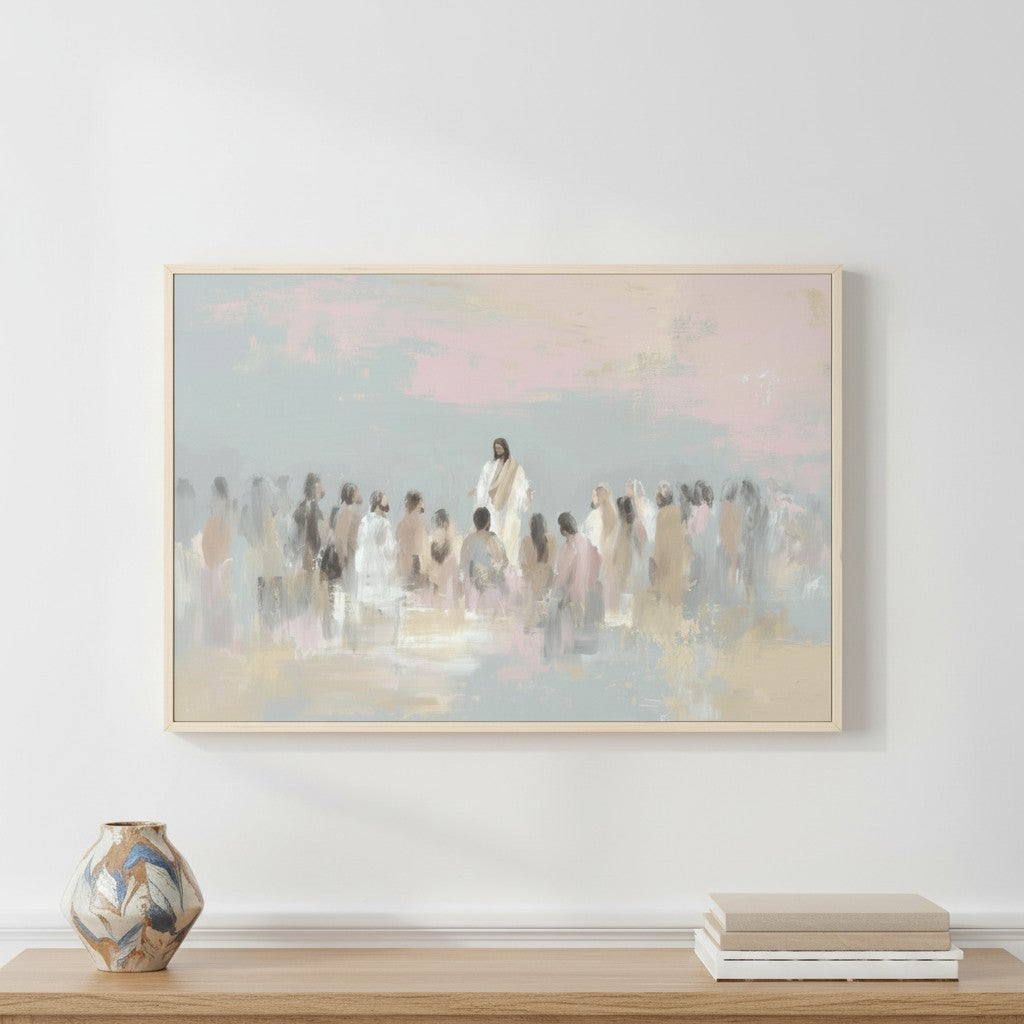 Painting print of Jesus teaching the people, displayed in a light wood frame on a wall, creating a peaceful and elegant home decor look.