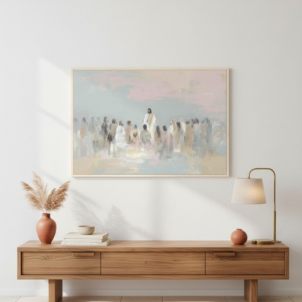 Framed Jesus teaching the people wall art placed on a wooden shelf with soft decor, bringing calm and faith-inspired beauty to the room.