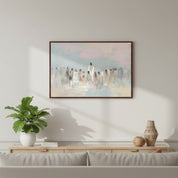 Framed Christian wall art of Jesus teaching the people hung in a living room, offering a warm and peaceful touch to the home.