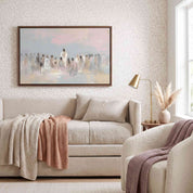 Framed Jesus teaching the people wall art displayed above a neutral sofa in a youth bedroom, with Christ speaking to a crowd in a soft pastel watercolor scene.