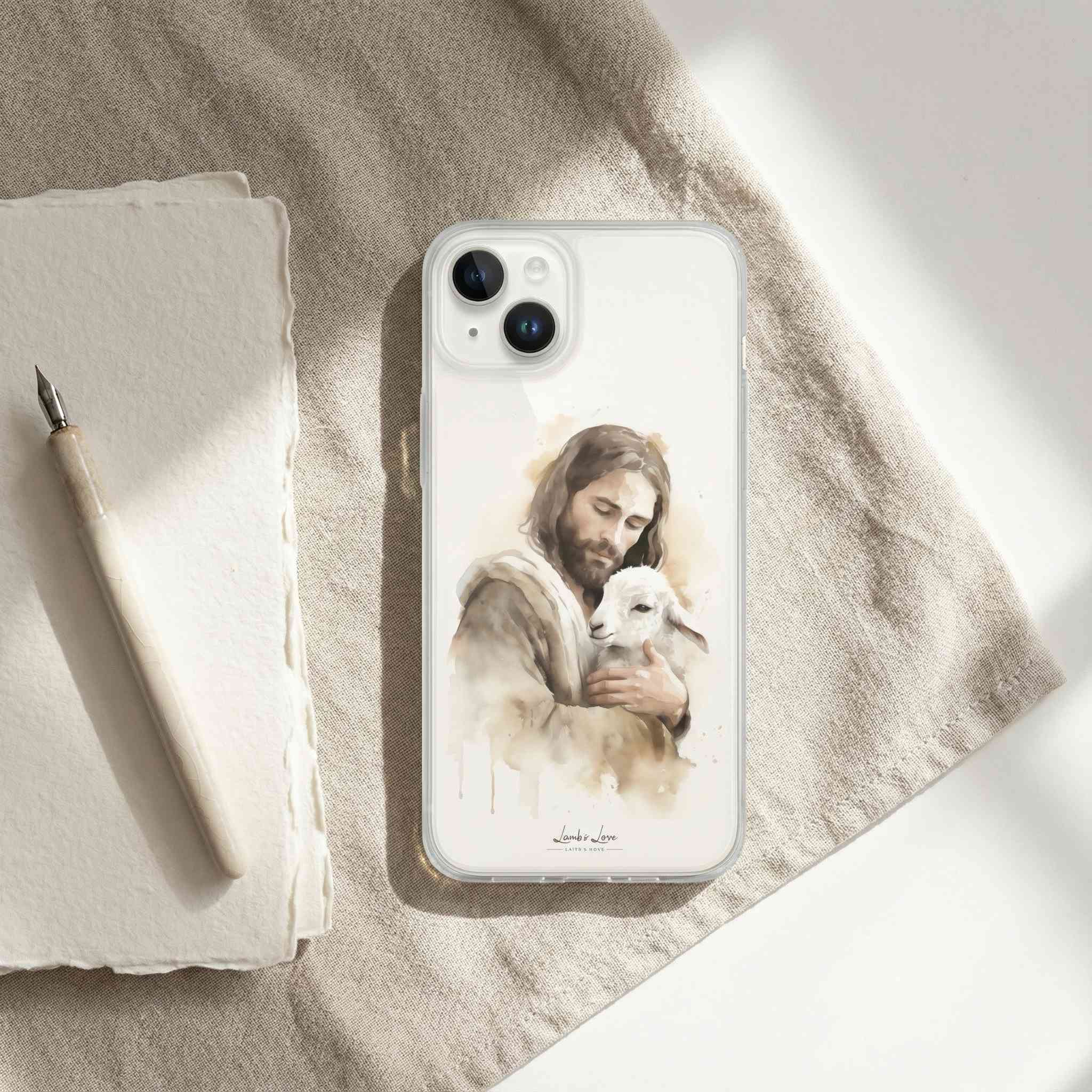Phone case with a design of a person holding a lamb on a textured surface.