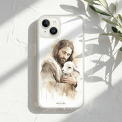 Phone case with illustration of Jesus holding a lamb on a light background