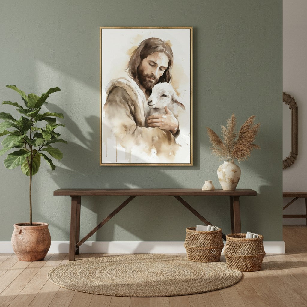 Watercolor framed canvas of Jesus the Good Shepherd on a green accent wall, paired with natural wood decor and plants.