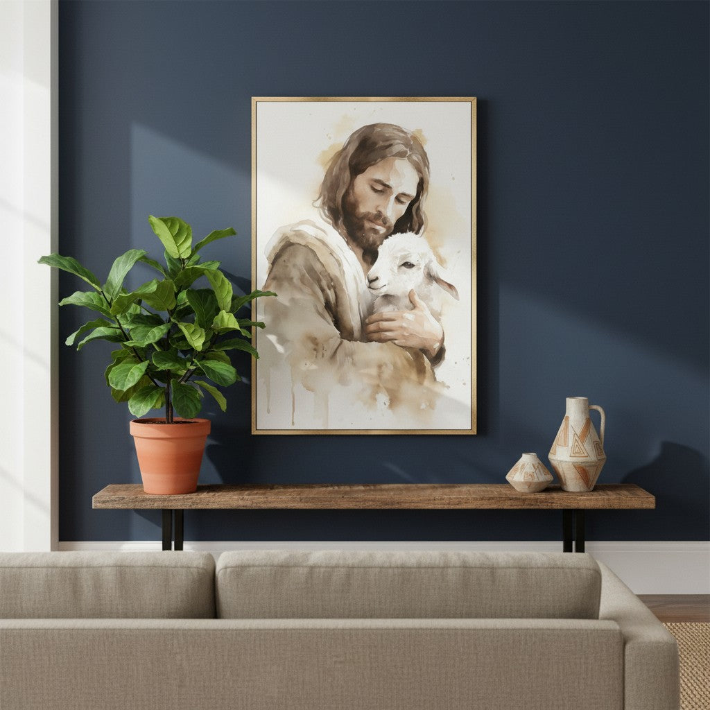 Christian watercolor wall art of Jesus with a lamb, hung above a cozy living room sofa with warm neutral tones.