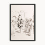 Minimalist line art sketch of Jesus entering Jerusalem on a donkey for the Triumphal Entry, a modern black and white Christian wall art piece in a black frame.
