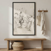 Minimalist Jesus Triumphal Entry line art sketch in a black frame, styled on a neutral wall above a light wood bench and wall-mounted coat rack in a modern home entryway.