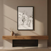 Minimalist Jesus Triumphal Entry line art sketch in a black frame, styled on a neutral wall above a rustic wooden fireplace mantel with a ceramic vase.