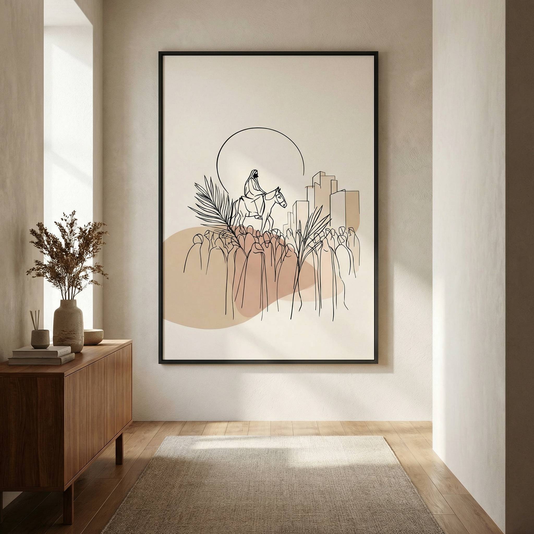 Minimalist Christian wall art of Jesus Triumphal Entry in neutral hallway