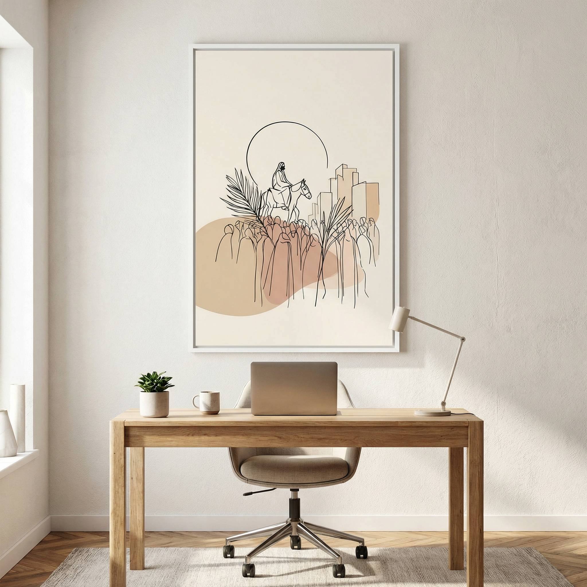 Minimalist Christian Jesus Triumphal Entry wall art in modern home office