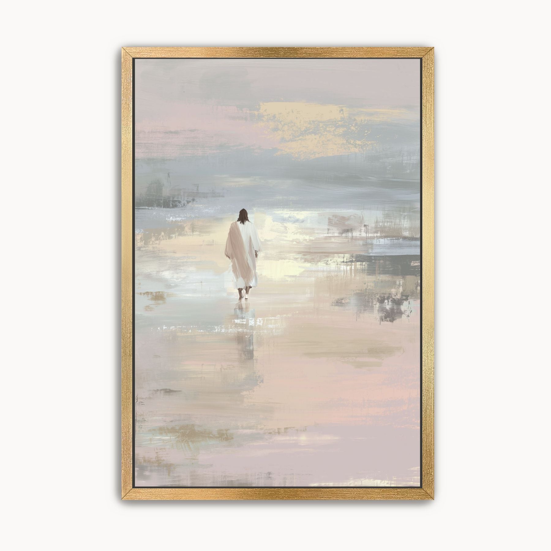 Watercolor Christian wall art of Jesus walking alone in a quiet peaceful water