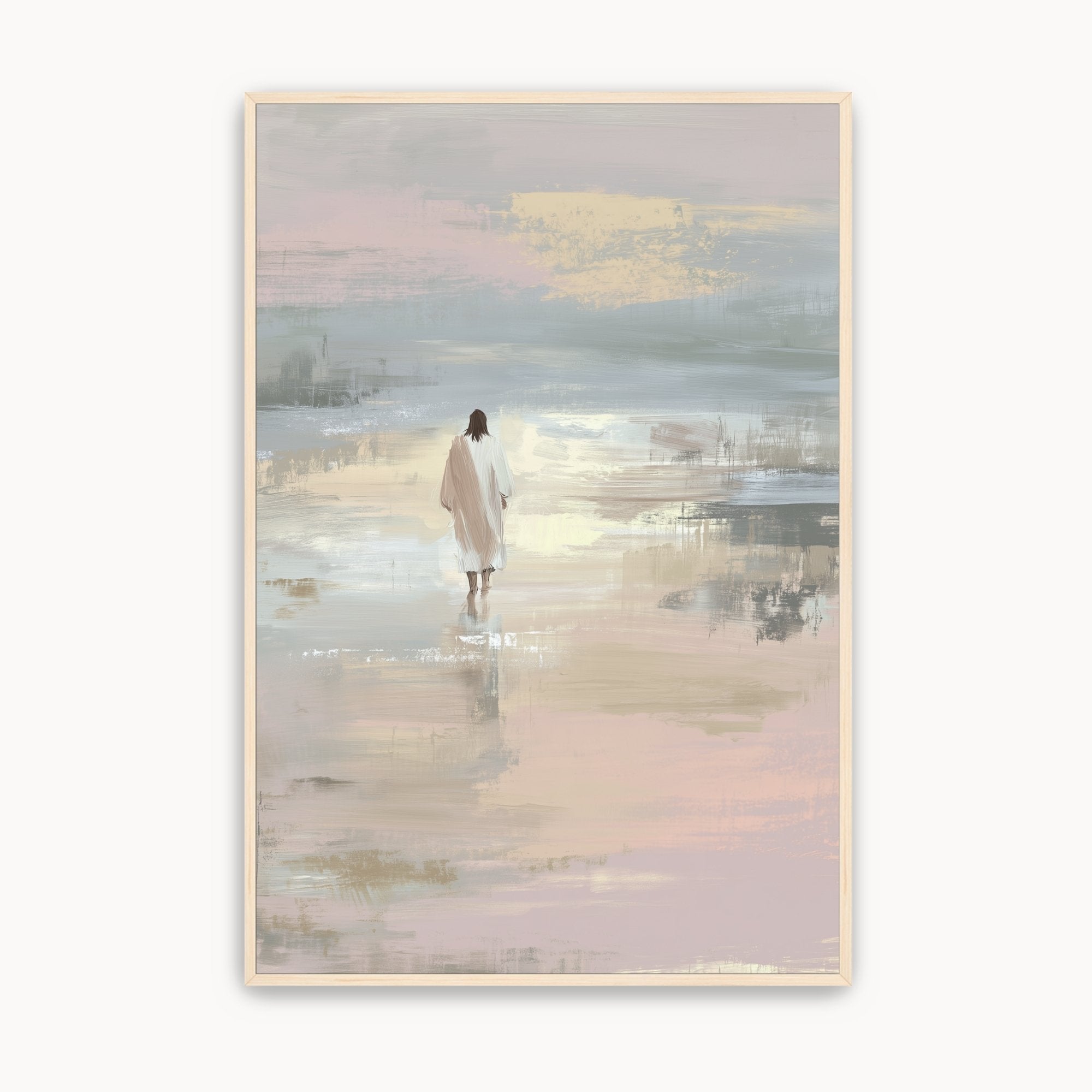 Watercolor Christian wall art of Jesus walking alone in a quiet peaceful water