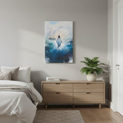 Religious canvas wall art of Jesus walking on water, styled in a cozy bedroom with wooden dresser and green plant.