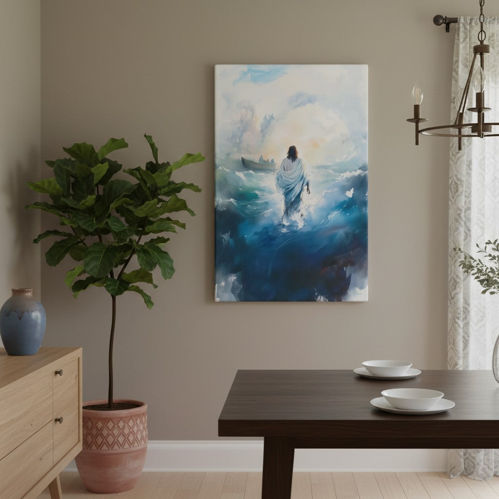Christian wall art of Jesus walking on water in blue waves, displayed in a dining room with a dark wooden table.