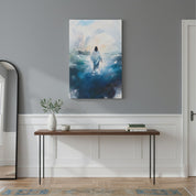 Inspirational Jesus walking on water canvas art, hung in a hallway with a console table and mirror.