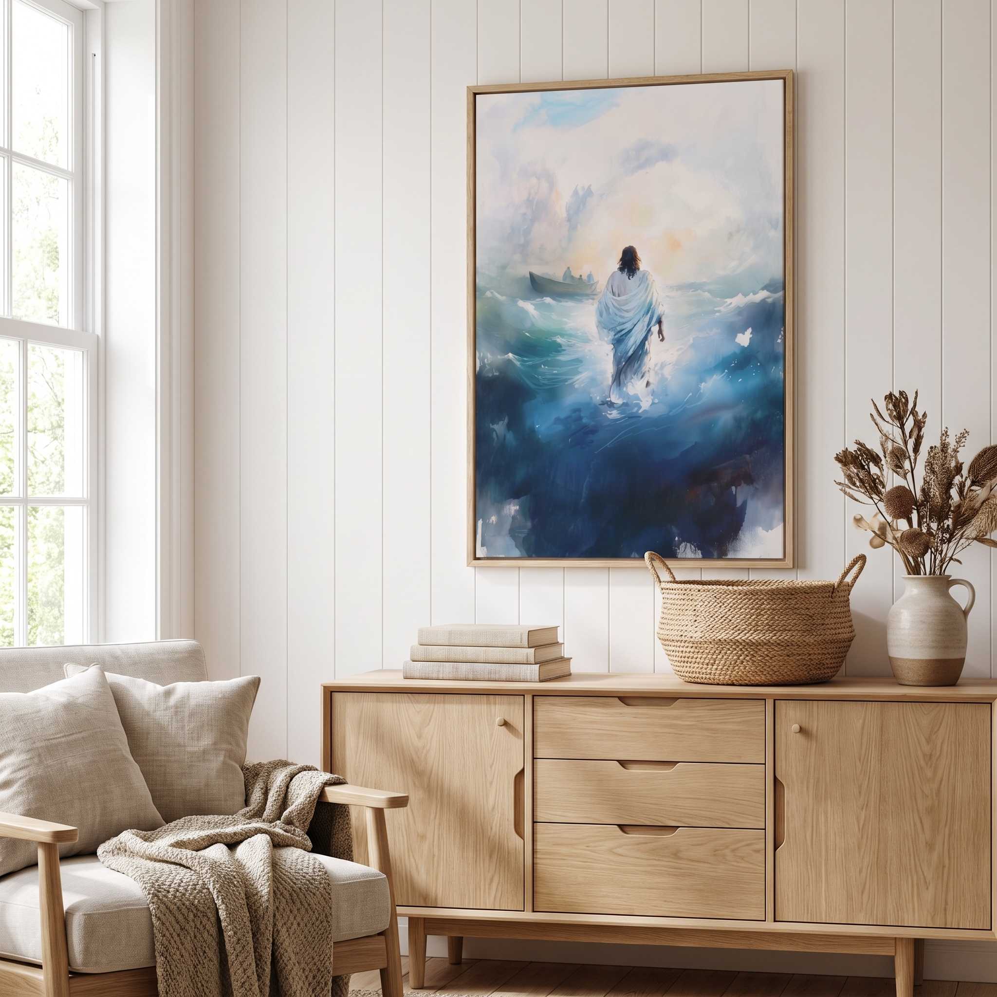 Jesus walking on water canvas wall art in a bright modern home living room
