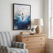Jesus walking on water Christian wall art displayed above a modern living room sofa