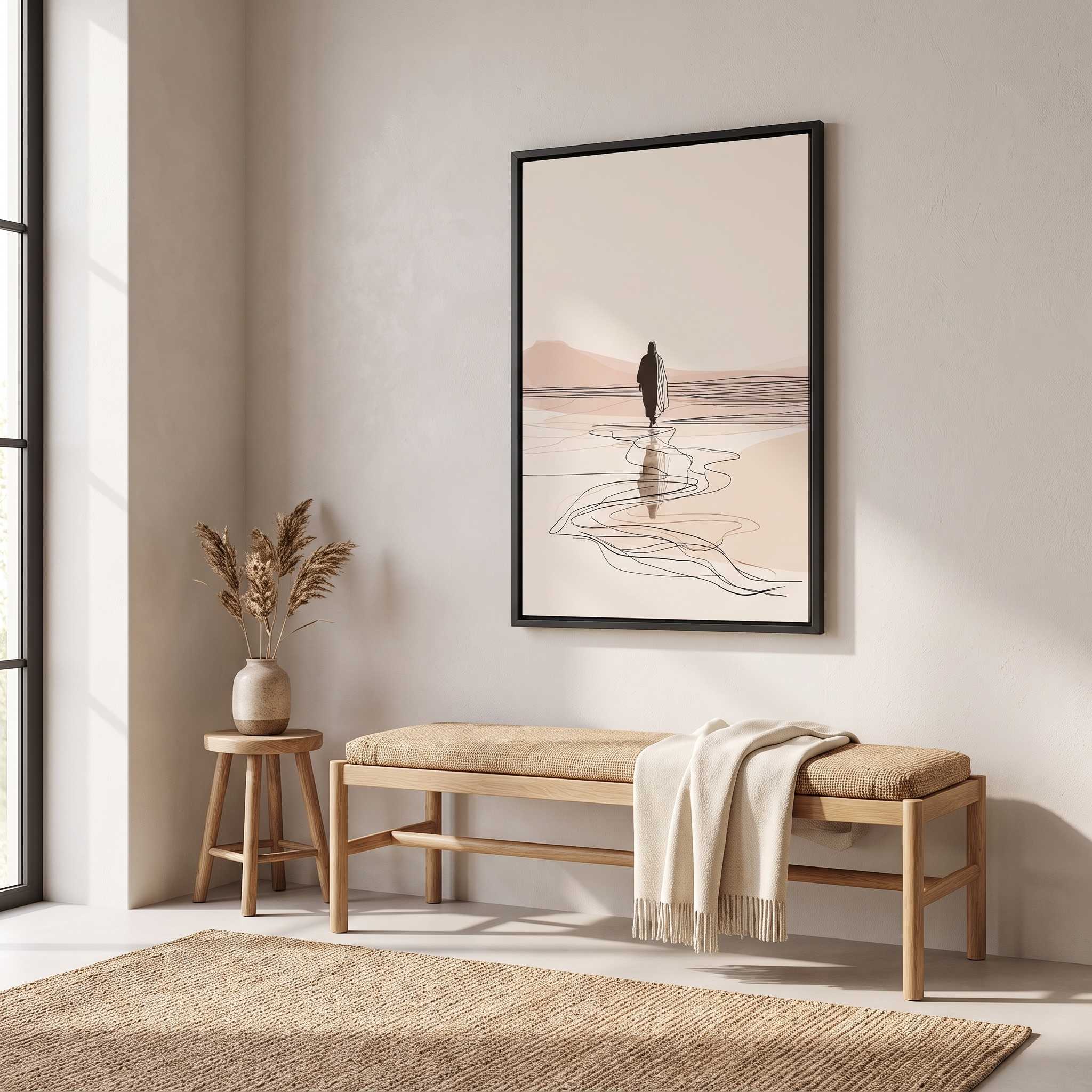 Minimalist line art print of Jesus walking on water framed in black above a wooden bench in an entryway with neutral beige tones.