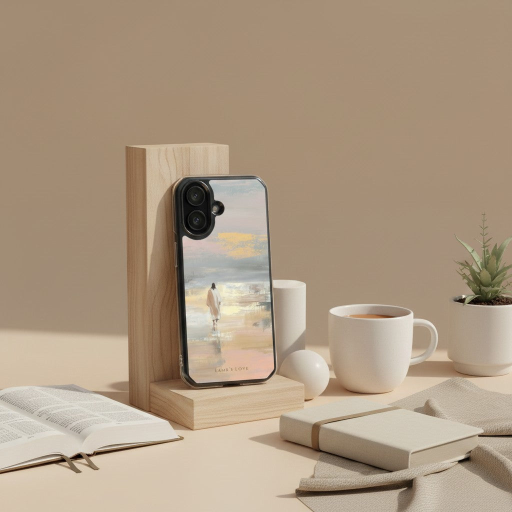 Jesus Walking on Water MagSafe® clear iPhone case displayed on a wooden stand beside coffee cups, books, and neutral home decor in a peaceful lifestyle setting