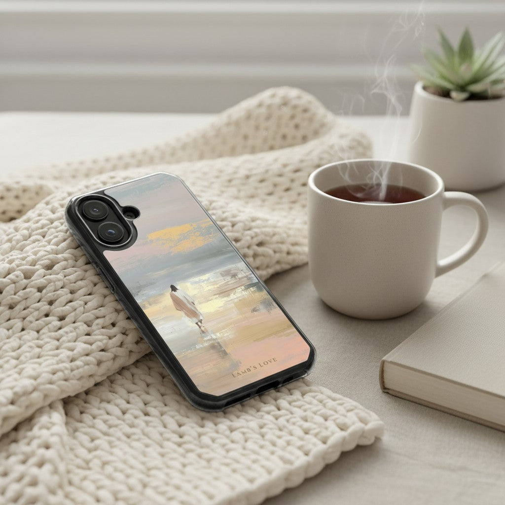 Jesus Walking on Water MagSafe® clear iPhone case resting beside a warm cup of tea and devotional book in a cozy Christian morning setting