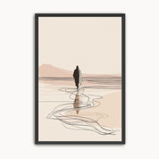 Framed minimalist line art print of Jesus walking on water in soft beige and earth tones with a black frame.