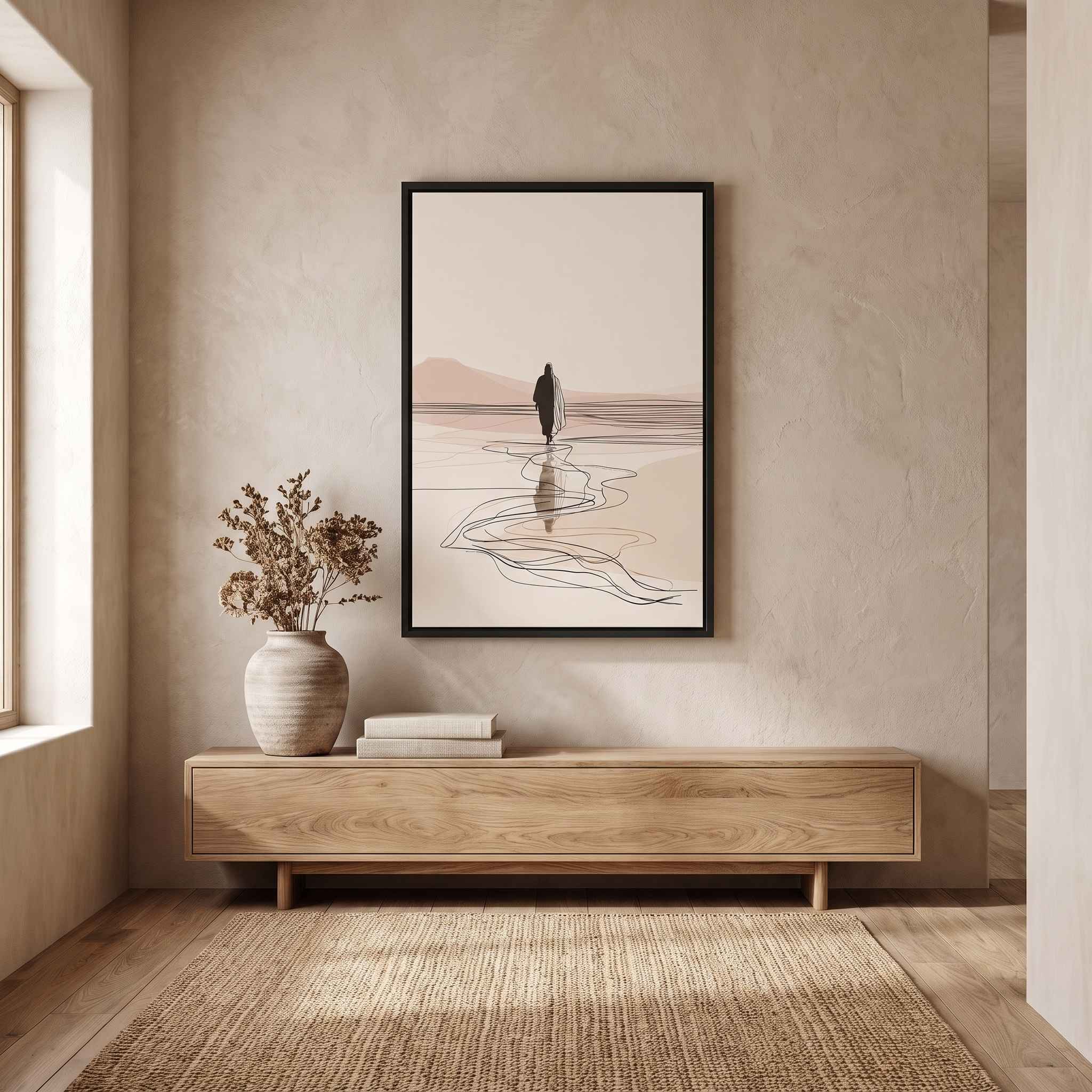 Minimalist line art print of Jesus walking on water in a black frame hanging on a textured beige wall above a low light wood console table.
